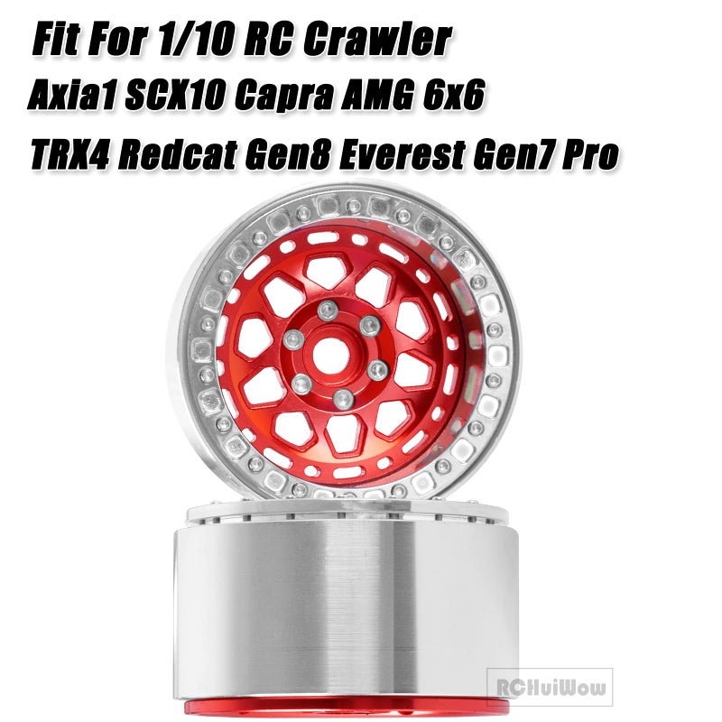 عجلات RCHuiWow 2.2 بوصة Beadlock RC لـ 1/10 RC Crawler Axia1 SCX10 Capra، AMG 6x6، TRX4، Redcat Gen8 Everest Gen7 Pro، عجلات RC من سبائك الألومنيوم 2.2 عجلات Beadlock 2.2 حواف Beadlock، 4 قطع، أحمر - Image 2